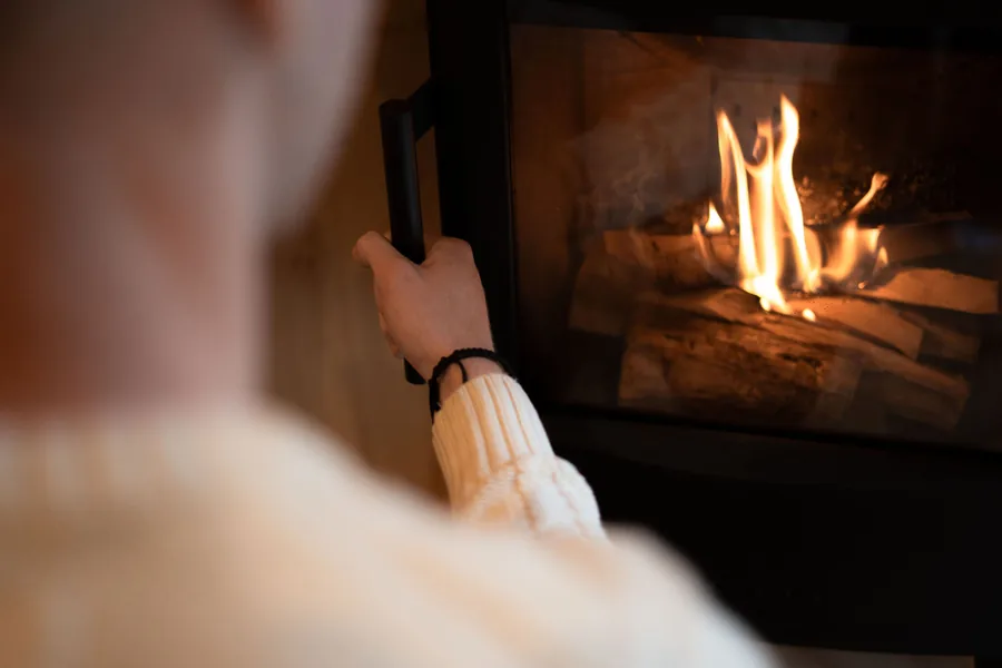 The glowing fireplace at the heart of Etnika Zen's timber interior